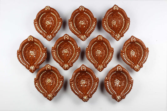 Neev hand painted,decorated earthenware diyas for Decor,Diwali and Lighting(Pack of 10)